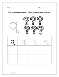 Trace and write the lowercase letter q. Then color all the questions marks which are having lowercase letter q on them.