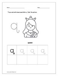 Trace and write the lowercase letter q. Then color the picture (queen).