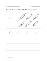 Trace and write the lowercase letter r. Then color all the rolling pins which are having lowercase letter r on them.