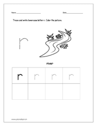 Trace and write the lowercase letter r. Then color the picture (river).