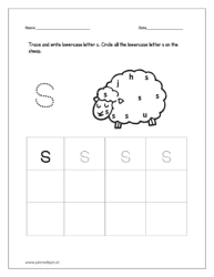 Trace and write the lowercase letter s. Then circle all the lowercase letter s drawn on the sheep.