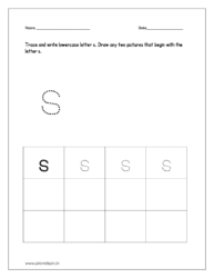 Trace and write the lowercase letter s. And draw any two pictures that begin with the letter s and color the pictures too.