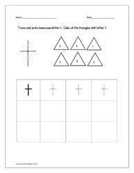 Trace and write the lowercase letter t. Color all the triangles with lowercase letter t.