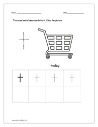 Trace and write the lowercase letter t. Then color the picture (trolley).