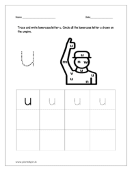 Trace and write the lowercase letter u. Then circle all the lowercase letter u drawn on the umpire.