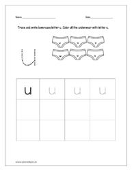 Trace and write the lowercase letter u. Color all the underwear with lowercase letter u.
