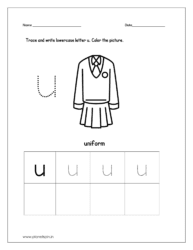 Trace and write the lowercase letter u. Then color the picture (uniform).