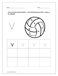 Trace and write the lowercase letter v. Then circle all the lowercase letter v drawn on the volleyball.