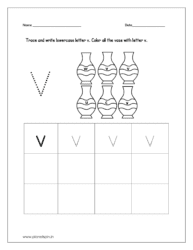 Trace and write the lowercase letter v. Color all the vase with lowercase letter v.