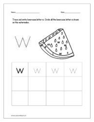 Trace and write the lowercase letter w. Then circle all the lowercase letter w drawn on watermelon.