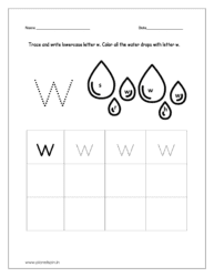 Trace and write the lowercase letter w. Color all the water drops with lowercase letter w.