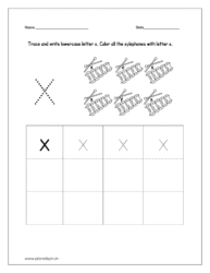 Trace and write the lowercase letter x. Color all the xylophones with lowercase letter x.