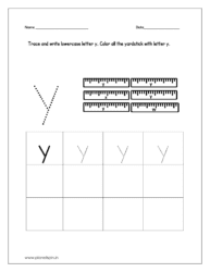 Trace and write the lowercase letter y. Color all the yardstick with lowercase letter y.