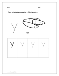 Trace and write the lowercase letter y. Then color the picture (yam).