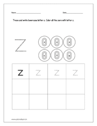 Trace and write the lowercase letter z. Color all the zero with lowercase letter z.