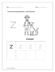Trace and write the lowercase letter z on printable worksheets for preschool. Then color the picture (zookeeper).