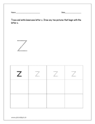 Trace and write the lowercase letter z on printable worksheets for preschool. And draw any two pictures that begin with the letter z and color the pictures too.