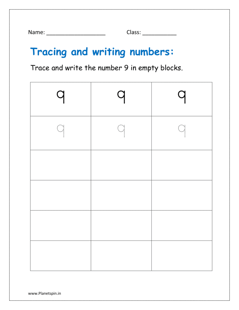 Tracing number 9 worksheet PDF - Free printable for kindergarten