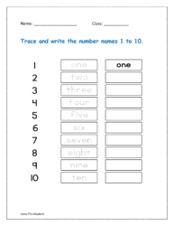 Number Names Worksheets 1 to 20 for Kindergarten