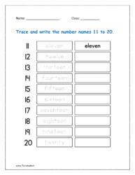 Trace and write the number names 11 to 20