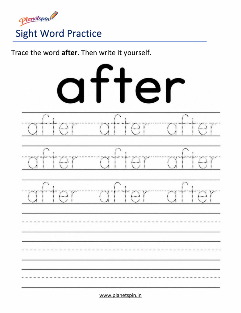 Free printable sight word after worksheets for kindergarten PDF