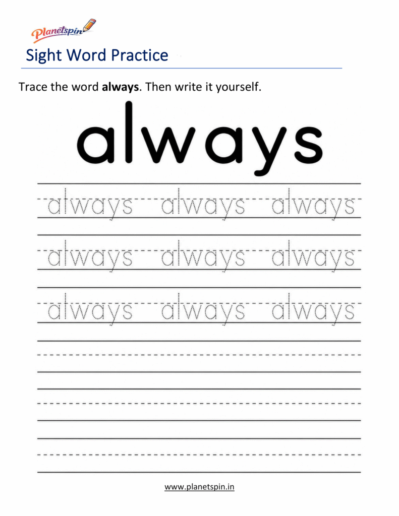 Free printable sight word always worksheets for kindergarten PDF