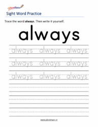 Free printable sight word always worksheets for kindergarten PDF