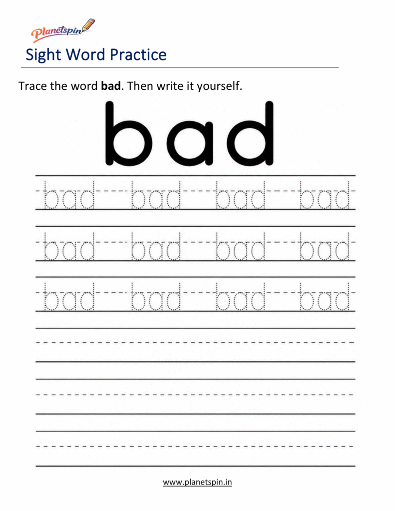 Free printable sight word bad worksheets for kindergarten PDF