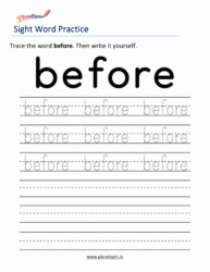 Free printable sight word before worksheets for kindergarten PDF