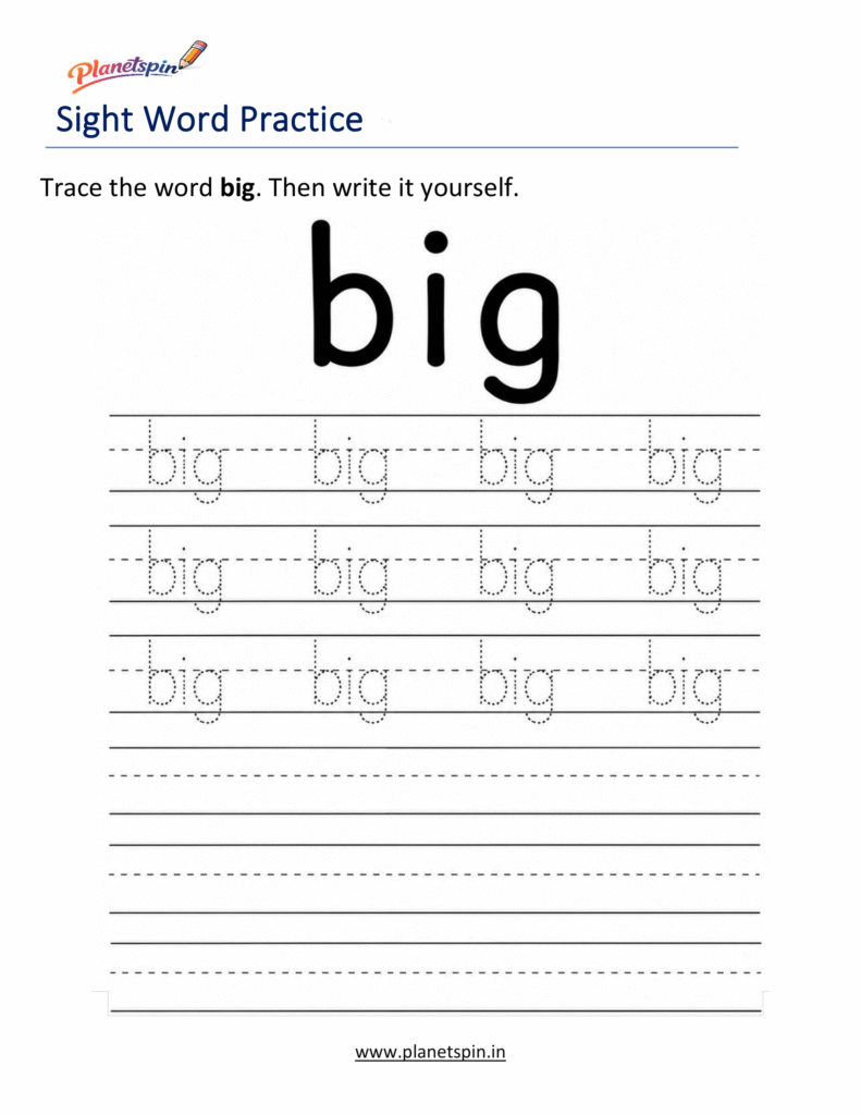 Trace the sight word big worksheet for kindergarten