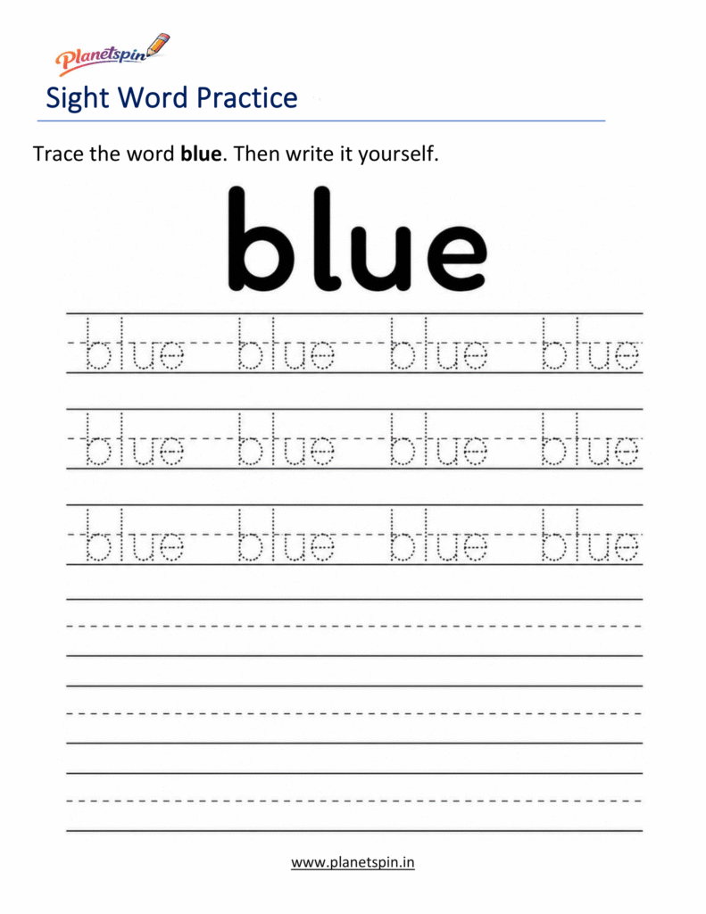 Trace the sight word blue worksheet for kindergarten