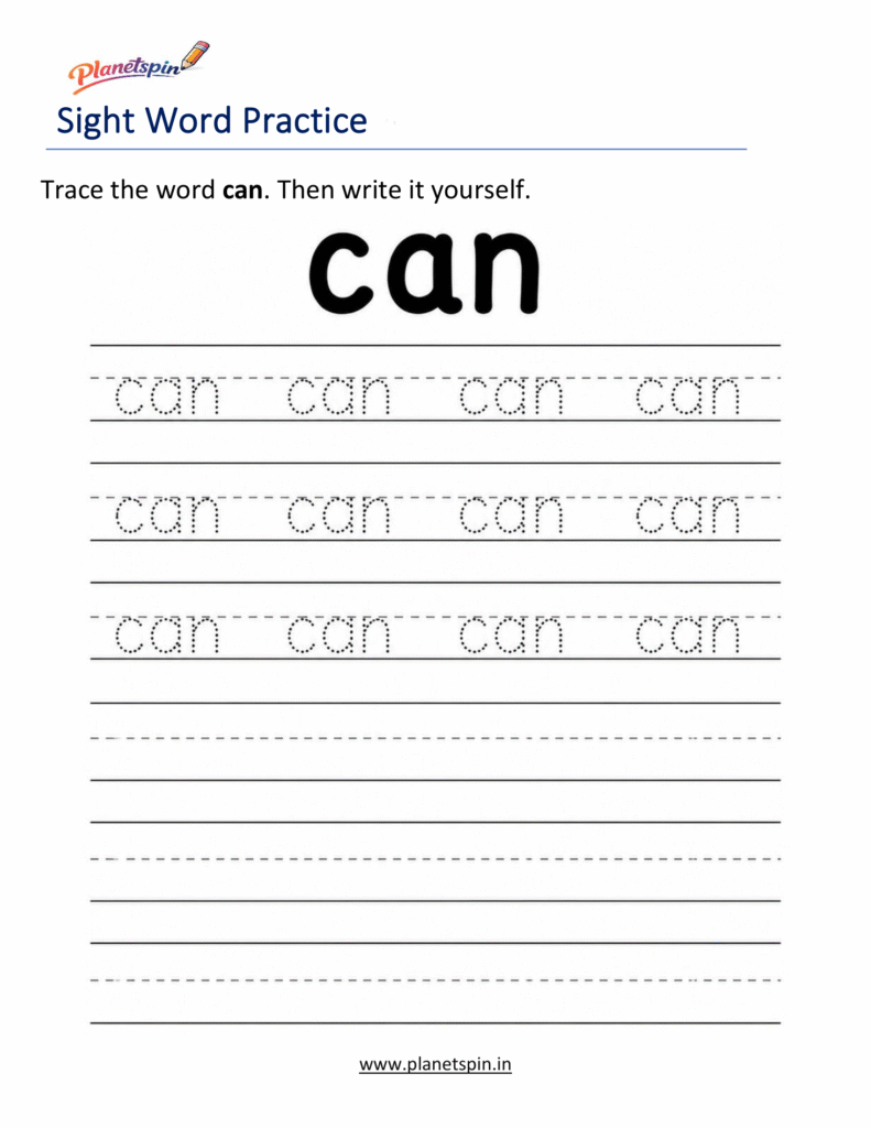 Free printable sight word can worksheets for kindergarten PDF