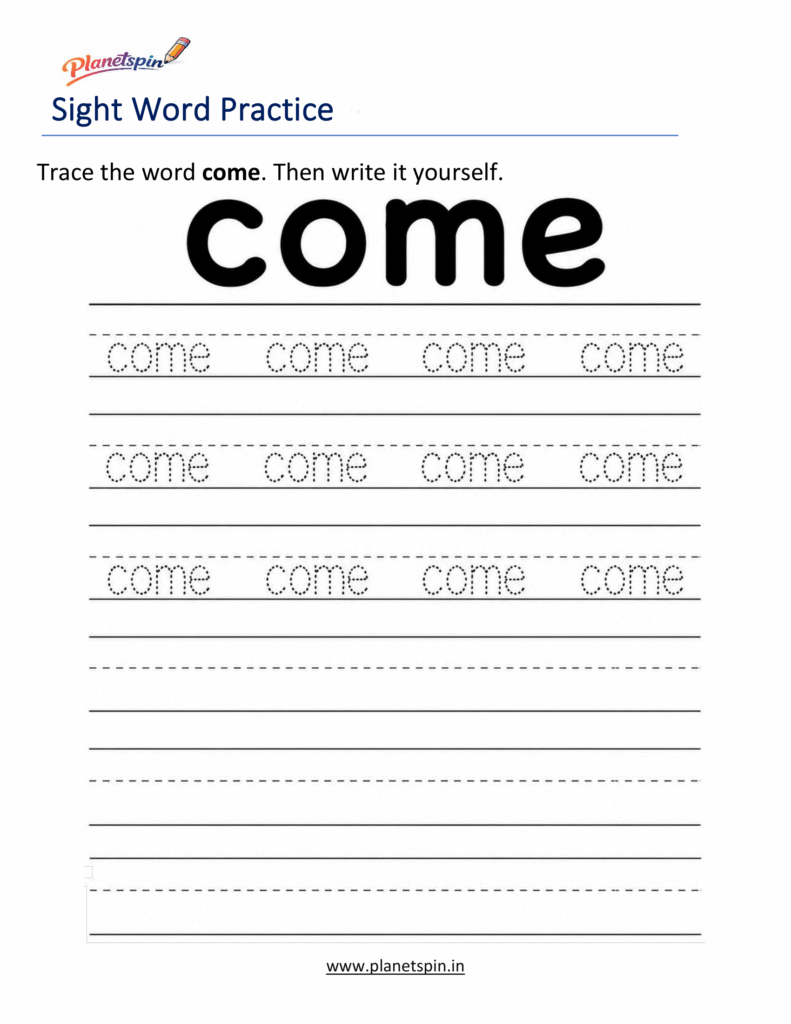 Trace the sight word come worksheet for kindergarten