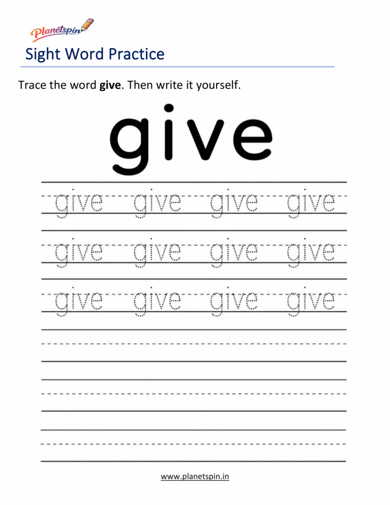 Trace the sight word give worksheet for kindergarten