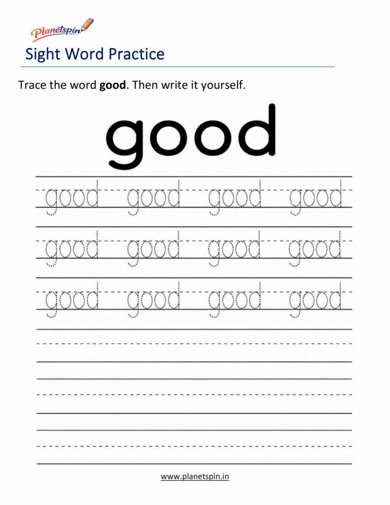 Free printable sight word good worksheets for kindergarten PDF
