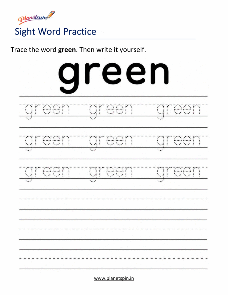 Trace the sight word green worksheet for kindergarten