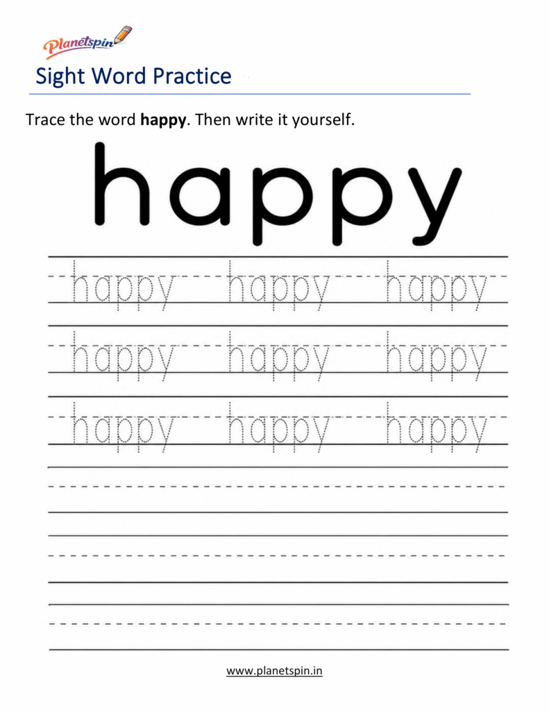 Free printable sight word happy worksheets for kindergarten PDF