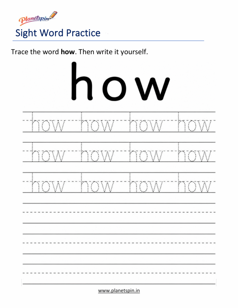 Trace the sight word how worksheet for kindergarten