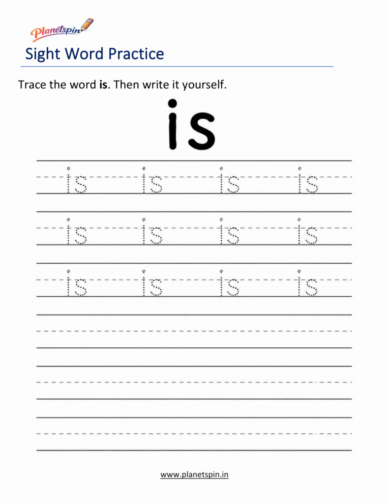 Free printable sight word is worksheets for kindergarten PDF