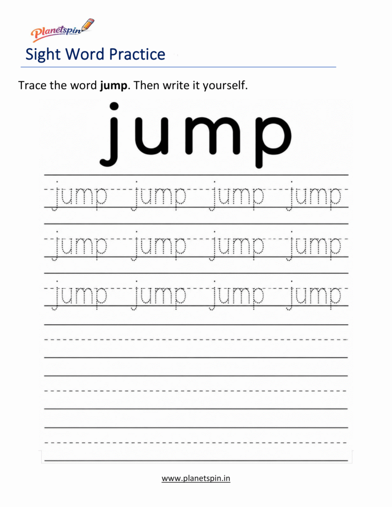Trace the sight word jump worksheet for kindergarten