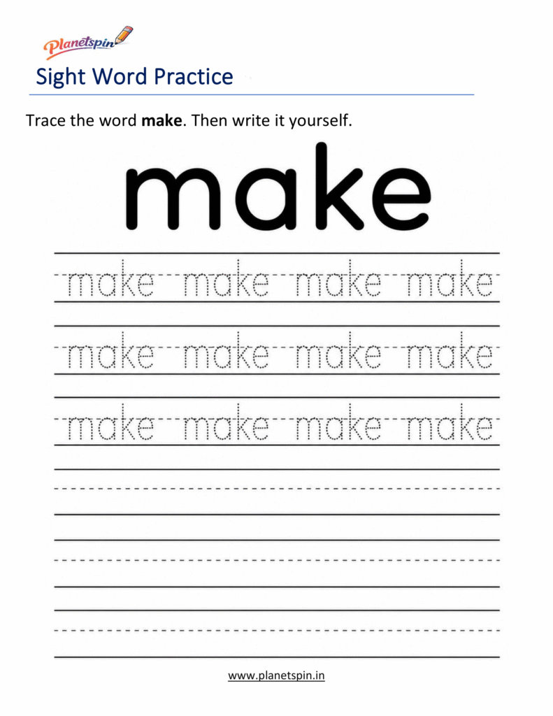 Trace the sight word make worksheet for kindergarten