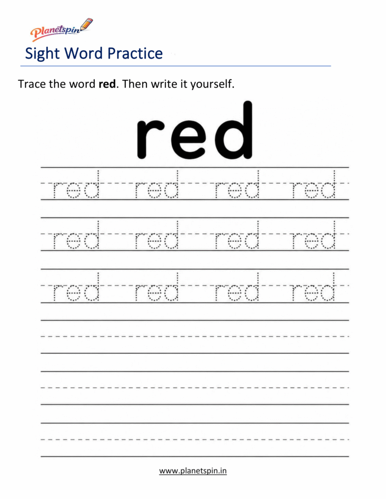 Trace the sight word red worksheet for kindergarten