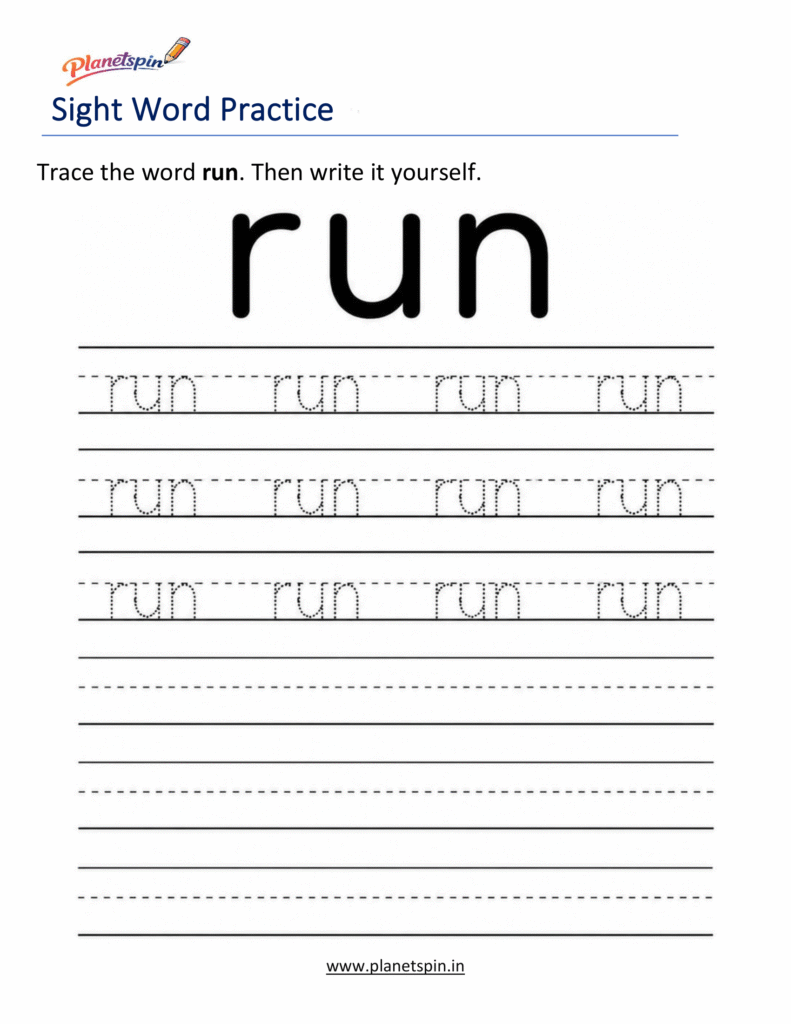 Free printable sight word run worksheets for kindergarten PDF