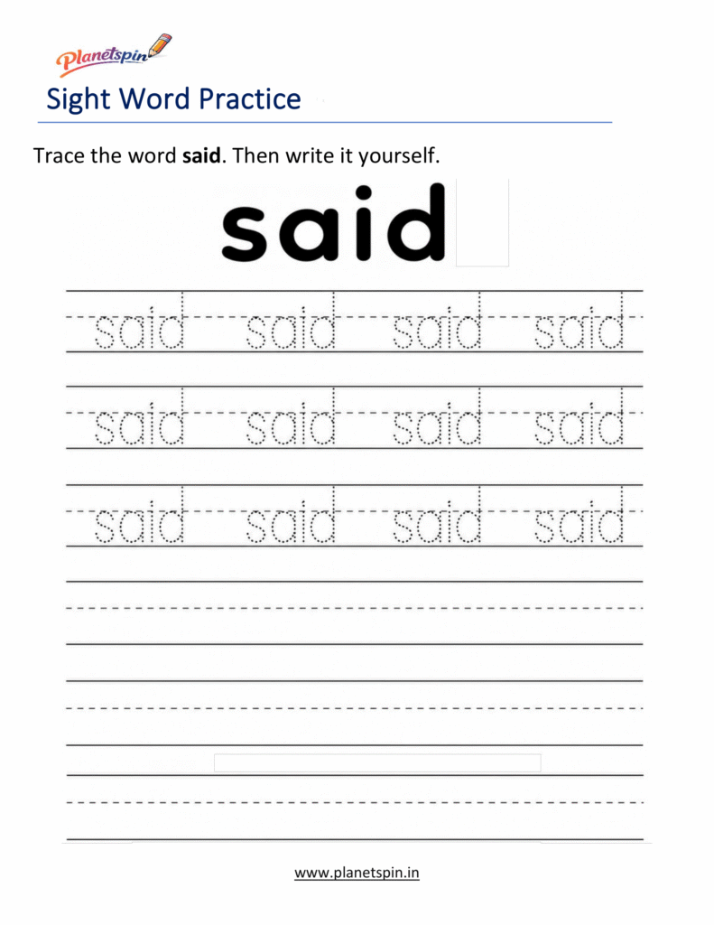Trace the sight word said worksheet for kindergarten