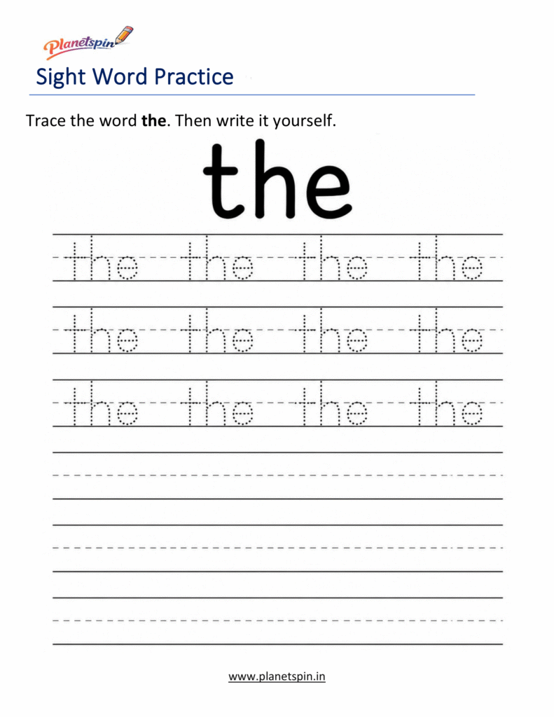 Free printable sight word the worksheets for kindergarten PDF