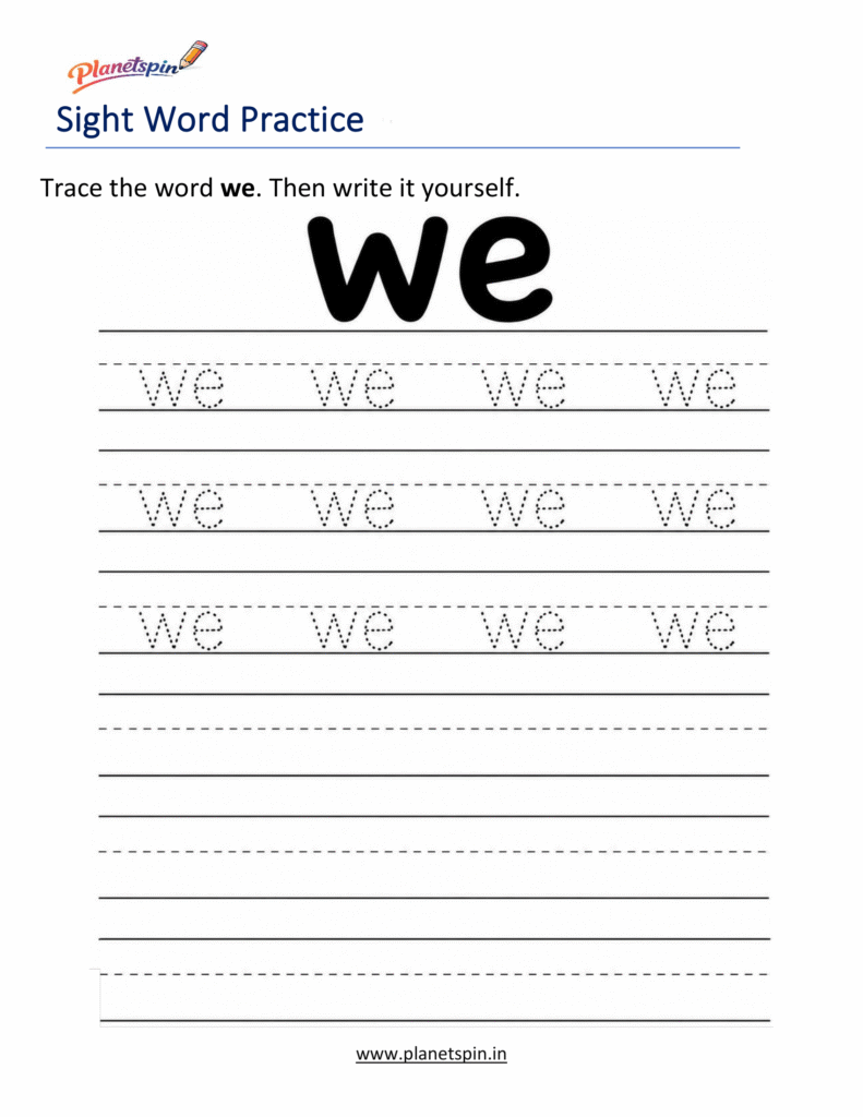 Trace the sight word we worksheet for kindergarten