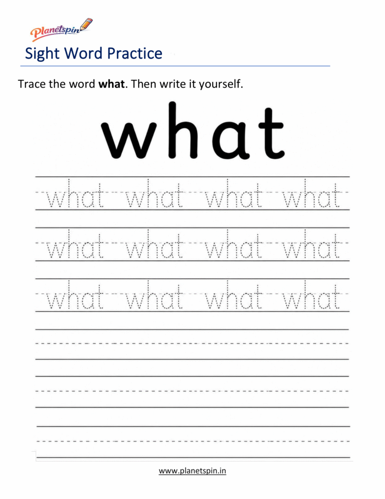 Trace the sight word what worksheet for kindergarten
