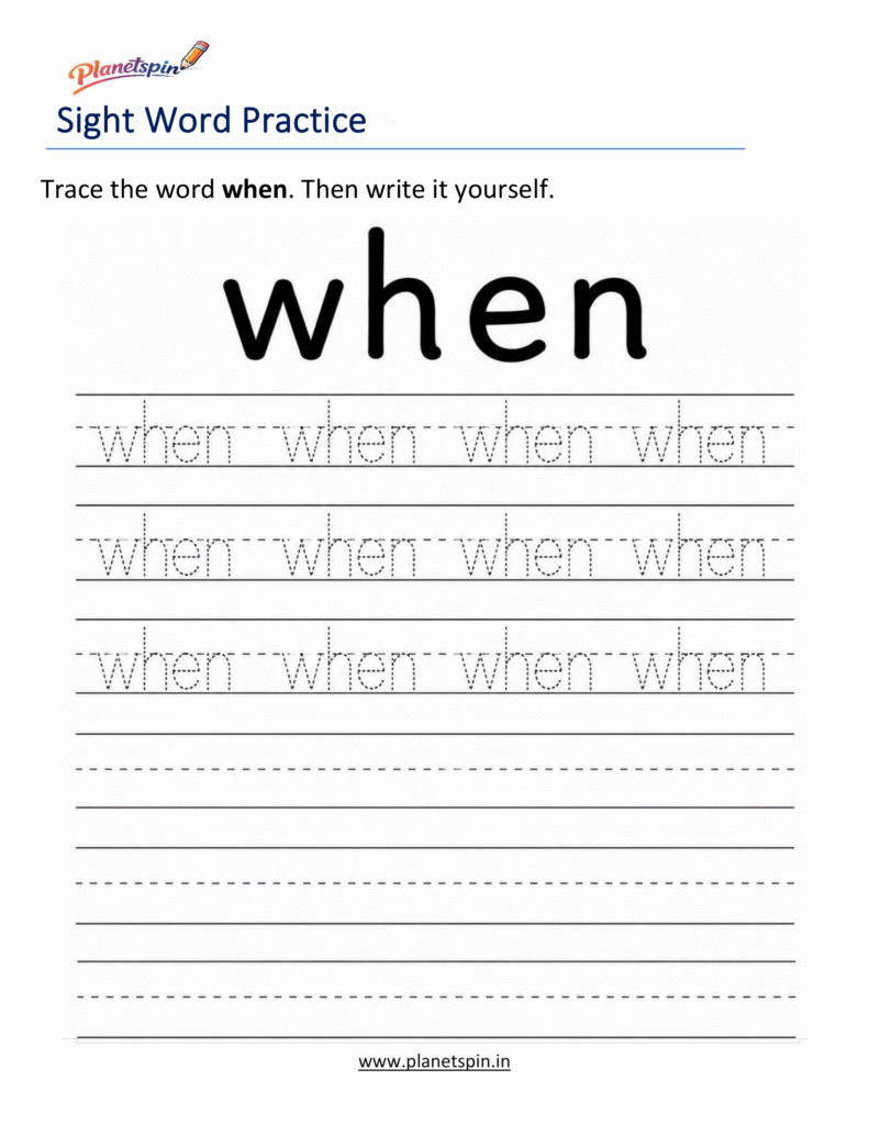 Trace the sight word when worksheet for kindergarten