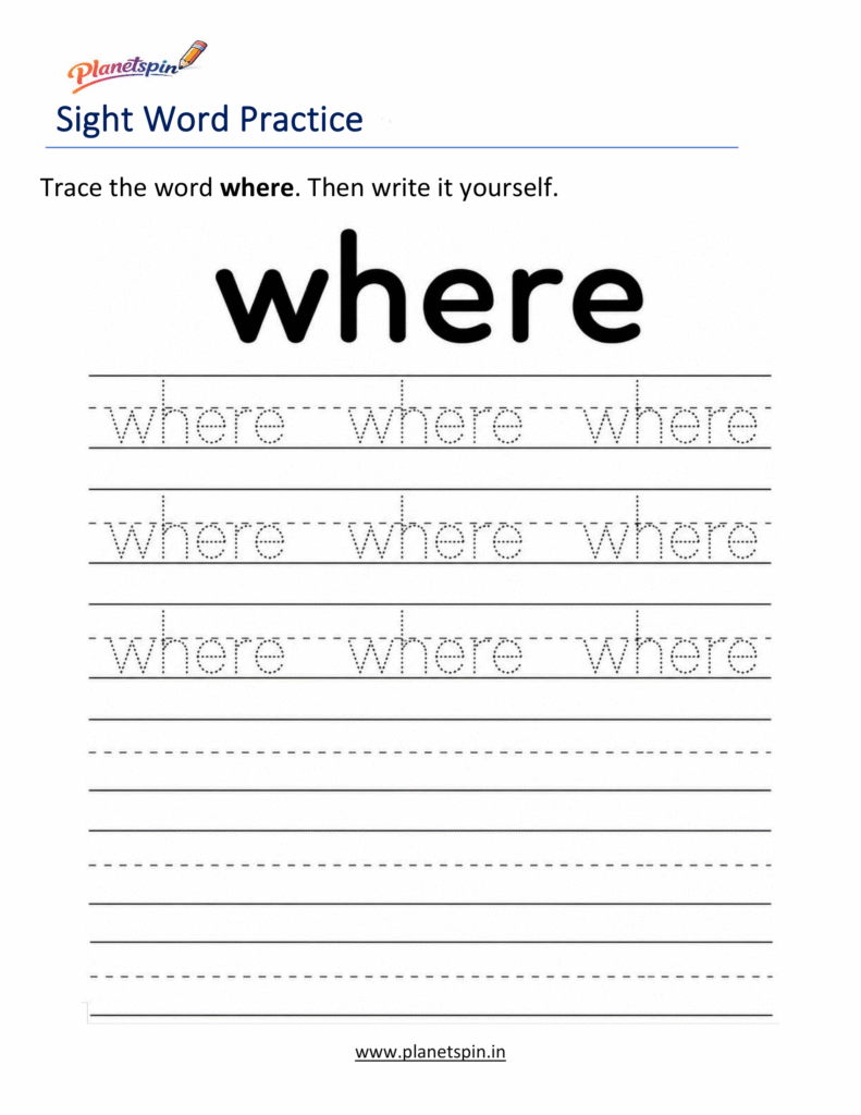 Trace the sight word where worksheet for kindergarten