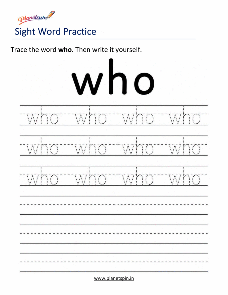 Trace the sight word who  worksheet for kindergarten